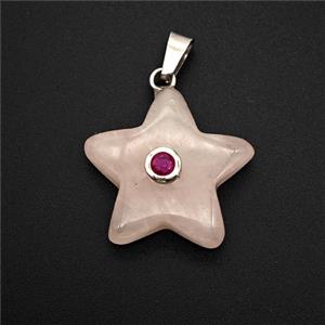 Pink Rose Quartz Star Pendant Pave Zirconia, approx 21mm