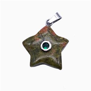 Unakite Star Pendant Pave Zirconia, approx 21mm