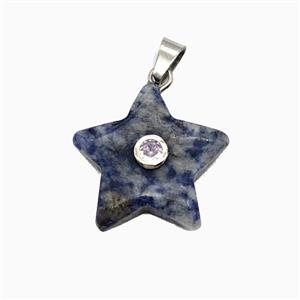 Blue Dalmatian Jasper Star Pendant Pave Zirconia, approx 21mm