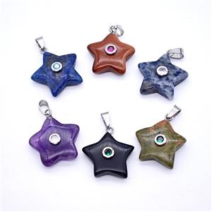 Natural Gemstone Star Pendant Pave Zirconia Mixed, approx 21mm