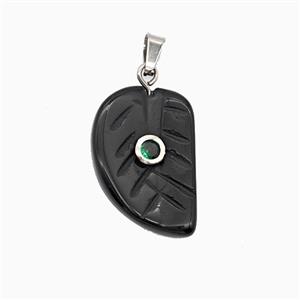Black Obsidian Leaf Pendant Pave Zirconia, approx 15-22mm