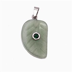 Green Aventurine Leaf Pendant Pave Zirconia, approx 15-22mm