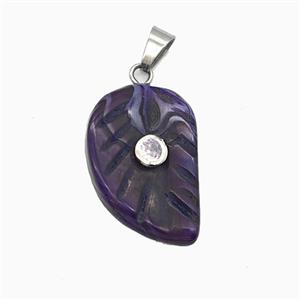 Purple Dye Jade Leaf Pendant Pave Zirconia, approx 15-22mm