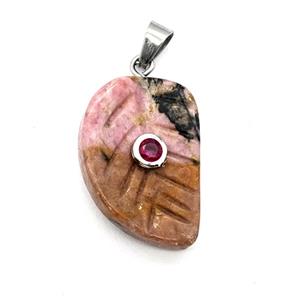 Chinese Rhodonite Leaf Pendant Pave Zirconia, approx 15-22mm
