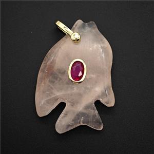 Pink Rose Quartz Fish Pendant Pave Zirconia, approx 25-30mm
