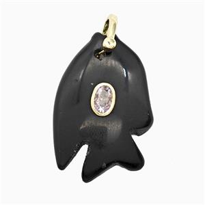 Black Obsidian Fish Pendant Pave Zirconia, approx 25-30mm