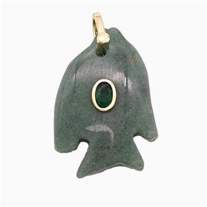 Green Aventurine Fish Pendant Pave Zirconia, approx 25-30mm