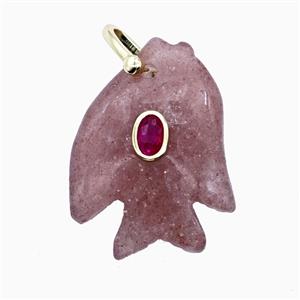 Pink Strawberry Quartz Fish Pendant Pave Zirconia, approx 25-30mm
