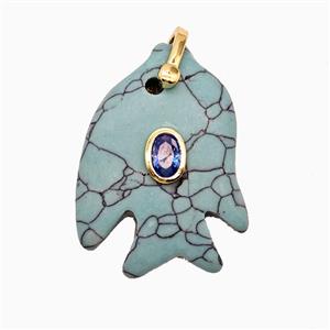 Teal Dye Howlite Turquoise Fish Pendant Pave Zirconia, approx 25-30mm