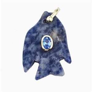 Blue Dalmatian Jasper Fish Pendant Pave Zirconia, approx 25-30mm