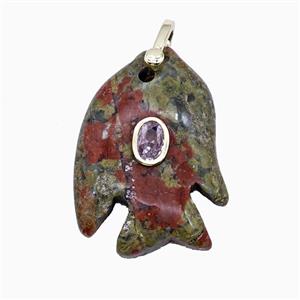 Unakite Fish Pendant Pave Zirconia, approx 25-30mm