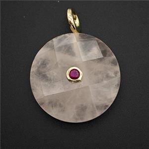 Pink Rose Quartz Sun Pendant Pave Zirconia, approx 25mm