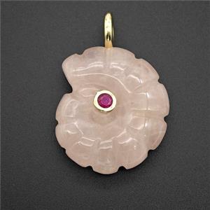 Pink Rose Quartz Spiral Shell Pendant Pave Zirconia, approx 22-25mm
