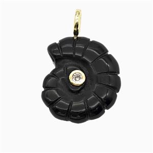 Black Obsidian Spiral Shell Pendant Pave Zirconia, approx 22-25mm