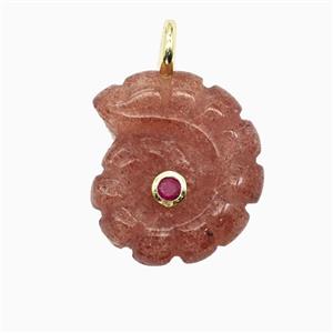 Red Strawberry Quartz Spiral Shell Pendant Pave Zirconia, approx 22-25mm