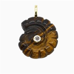 Tiger Eye Stone Spiral Shell Pendant Pave Zirconia, approx 22-25mm