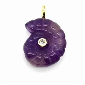 Purple Amethyst Spiral Shell Pendant Pave Zirconia, approx 22-25mm