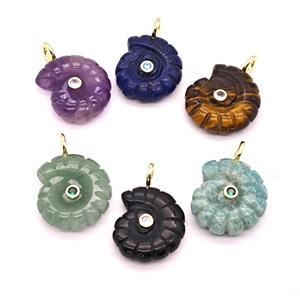 Natural Gemstone Spiral Shell Pendant Pave Zirconia, approx 22-25mm
