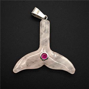 Pink Rose Quartz Mermaid-Tail Pendant Pave Zirconia, approx 30-32mm