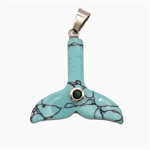 Teal Howlite Turquoise Mermaid-Tail Pendant Pave Zirconia, approx 30-32mm
