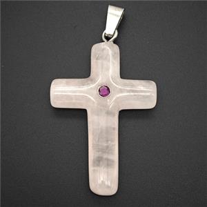 Pink Rose Quartz Cross Pendant Pave Zirconia, approx 28-40mm