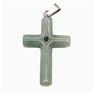 Green Aventurine Cross Pendant Pave Zirconia, approx 28-40mm