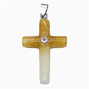 Yellow Aventurine Cross Pendant Pave Zirconia, approx 28-40mm