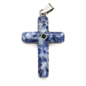 Blue Dalmatian Jasper Cross Pendant Pave Zirconia, approx 28-40mm