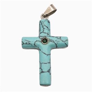 Teal Howlite Turquoise Cross Pendant Pave Zirconia, approx 28-40mm