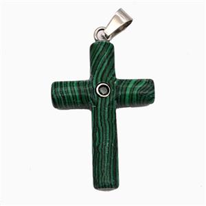 Synthetic Green Malachite Cross Pendant Pave Zirconia, approx 28-40mm