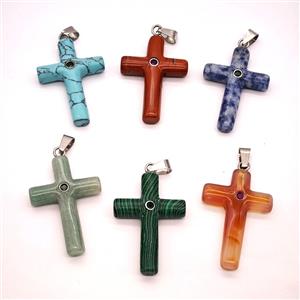 Gemstone Cross Pendant Pave Zirconia Mixed, approx 28-40mm