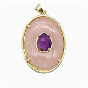 Rose Quartz Oval Pendant Copper Gold Plated, approx 26-35mm