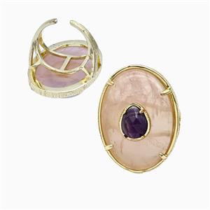 Rose Quartz Oval Rings Copper Gold Plated, approx 26-35mm, 18mm dia