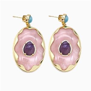 Rose Quartz Oval Stud Earrings Copper Gold Plated, approx 26-35mm, 7mm