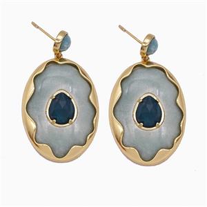 Green Aventurine Oval Stud Earrings Copper Gold Plated, approx 26-35mm, 7mm