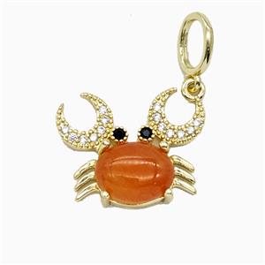Copper Crab Pendant Pave Zirconia Red Catseye Gold Plated, approx 16-20mm, 6-8mm