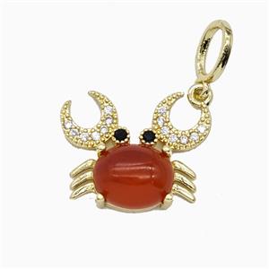 Copper Crab Pendant Pave Zirconia Red Agate Gold Plated, approx 16-20mm, 6-8mm