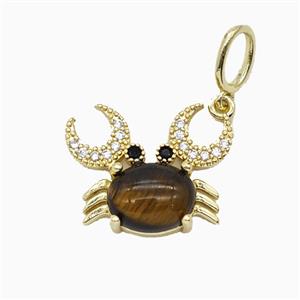 Copper Crab Pendant Pave Zirconia Tiger Eye Gold Plated, approx 16-20mm, 6-8mm