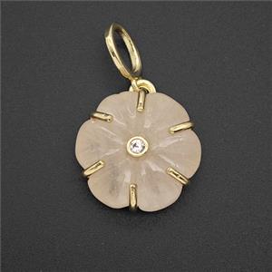 Pink Rose Quartz Flower Pendant Pave Zirconia, approx 17mm