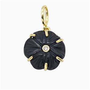 Black Obsidian Flower Pendant Pave Zirconia, approx 17mm
