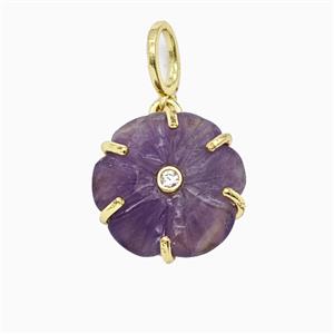 Puprle Amethyst Flower Pendant Pave Zirconia, approx 17mm