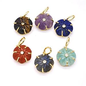 Natural Gemstone Flower Pendant Pave Zirconia Mixed, approx 17mm