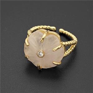 Pink Rose Quartz Flower Rings Pave Zirconia Gold Plated, approx 17mm, 18mm dia