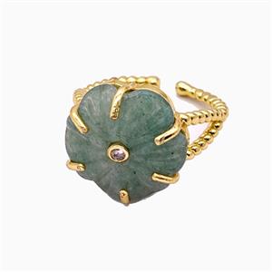 Green Aventurine Flower Rings Pave Zirconia Gold Plated, approx 17mm, 18mm dia