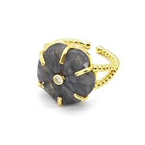 Labradorite Flower Rings Pave Zirconia Gold Plated, approx 17mm, 18mm dia