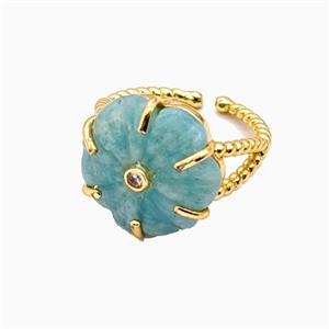 Green Amazonite Flower Rings Pave Zirconia Gold Plated, approx 17mm, 18mm dia
