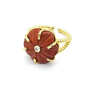 Red Jasper Flower Rings Pave Zirconia Gold Plated, approx 17mm, 18mm dia