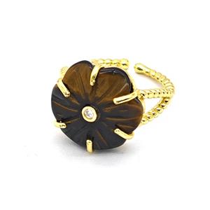 Tiger Eye Stone Flower Rings Pave Zirconia Gold Plated, approx 17mm, 18mm dia