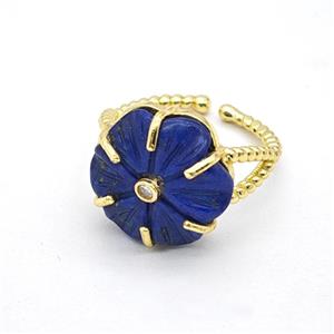Blue Lapis Lazuli Flower Rings Pave Zirconia Gold Plated, approx 17mm, 18mm dia