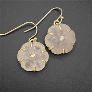 Pink Rose Quartz Flower Hook Earrings Pave Zirconia Gold Plated, approx 17mm